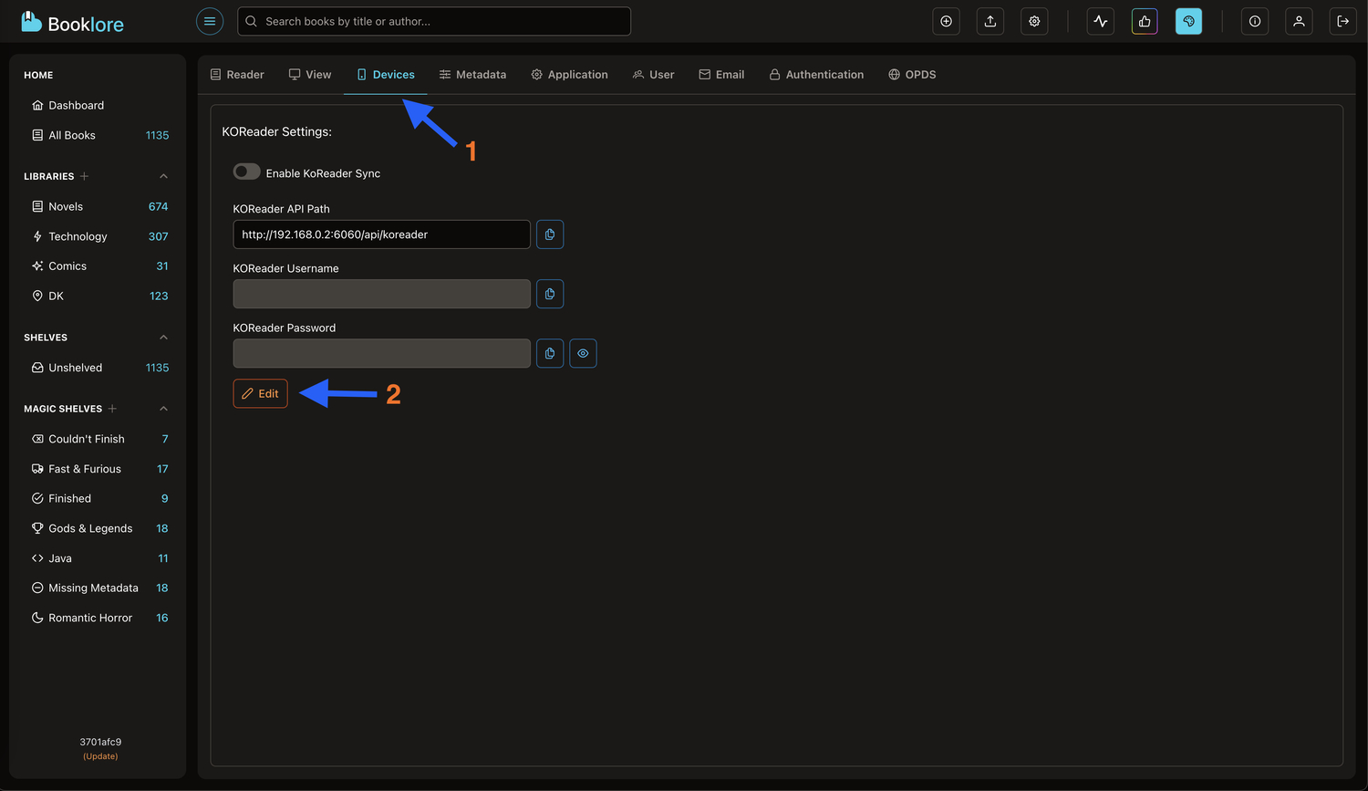 Booklore Device Settings