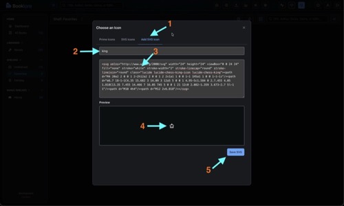 Add SVG Icon tab with a name field ("king"), an SVG code textarea with pasted content, a live preview showing the rendered icon, and a Save SVG button