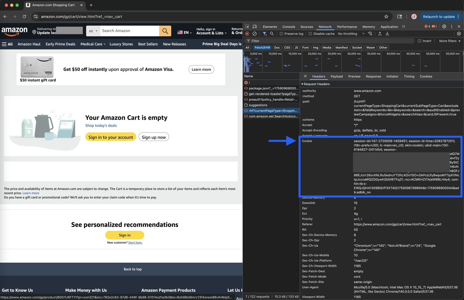 Accessing Amazon cookies in browser developer tools