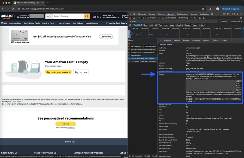 Browser developer tools showing the Cookie header in Amazon's request headers