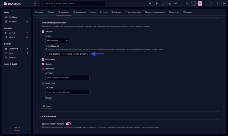 Booklore Metadata 1 settings showing the Amazon region dropdown and cookie field