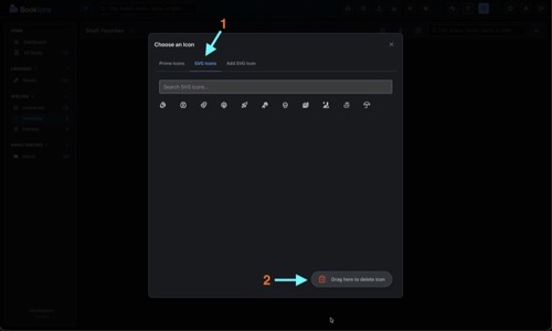 SVG Icons tab showing a search bar, a grid of uploaded custom icons, and a "Drag here to delete icon" trash zone at the bottom-right