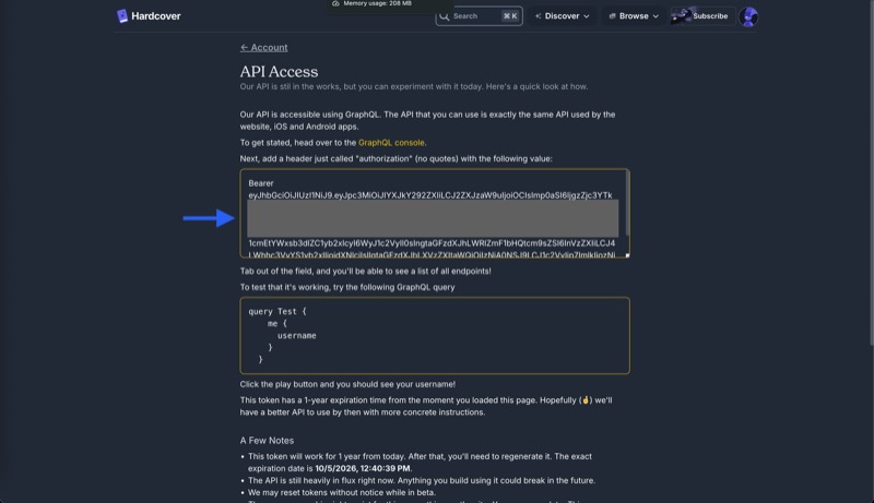 Hardcover API Access page showing the Bearer token
