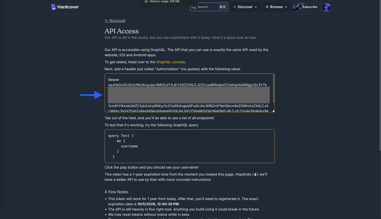Accessing Hardcover API token in account settings