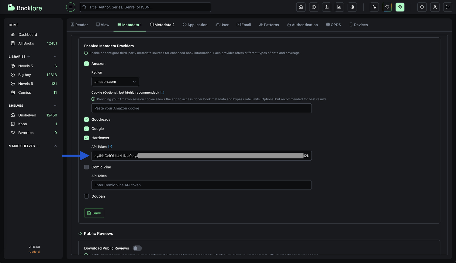 Configuring Hardcover token in Booklore settings