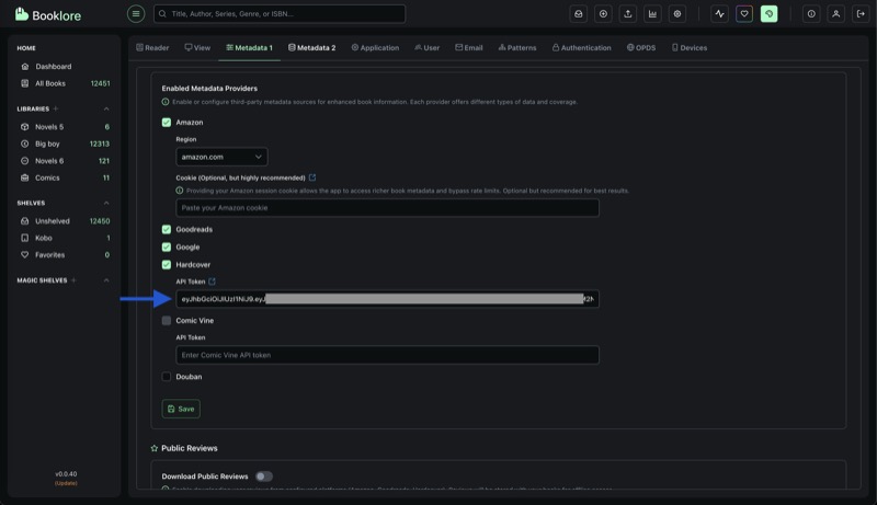Booklore Metadata 1 settings with the Hardcover token field