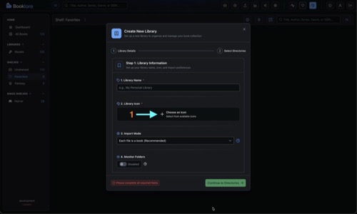 Create New Library dialog showing the Library Icon field with a "Choose an Icon" button