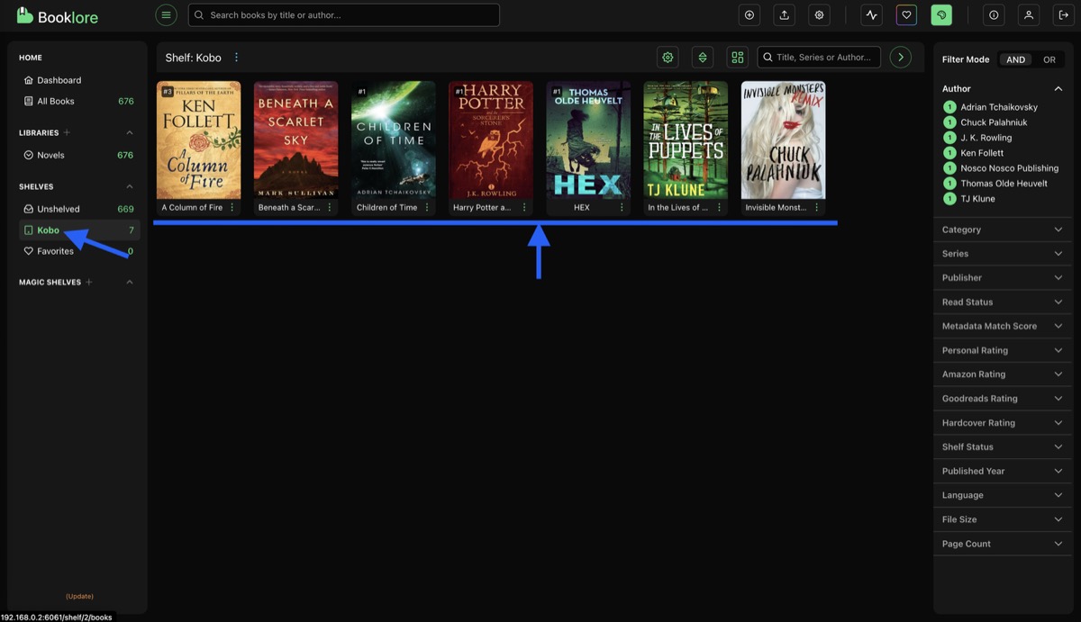 Kobo shelf with books